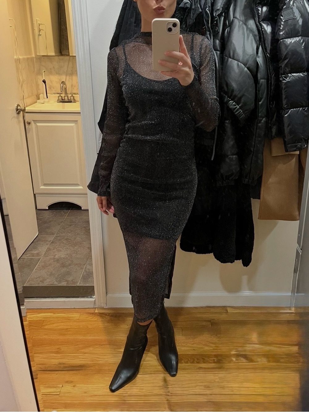 AllSaints Sheer Sparkle Long-Sleeve Bodycon Dress - Black